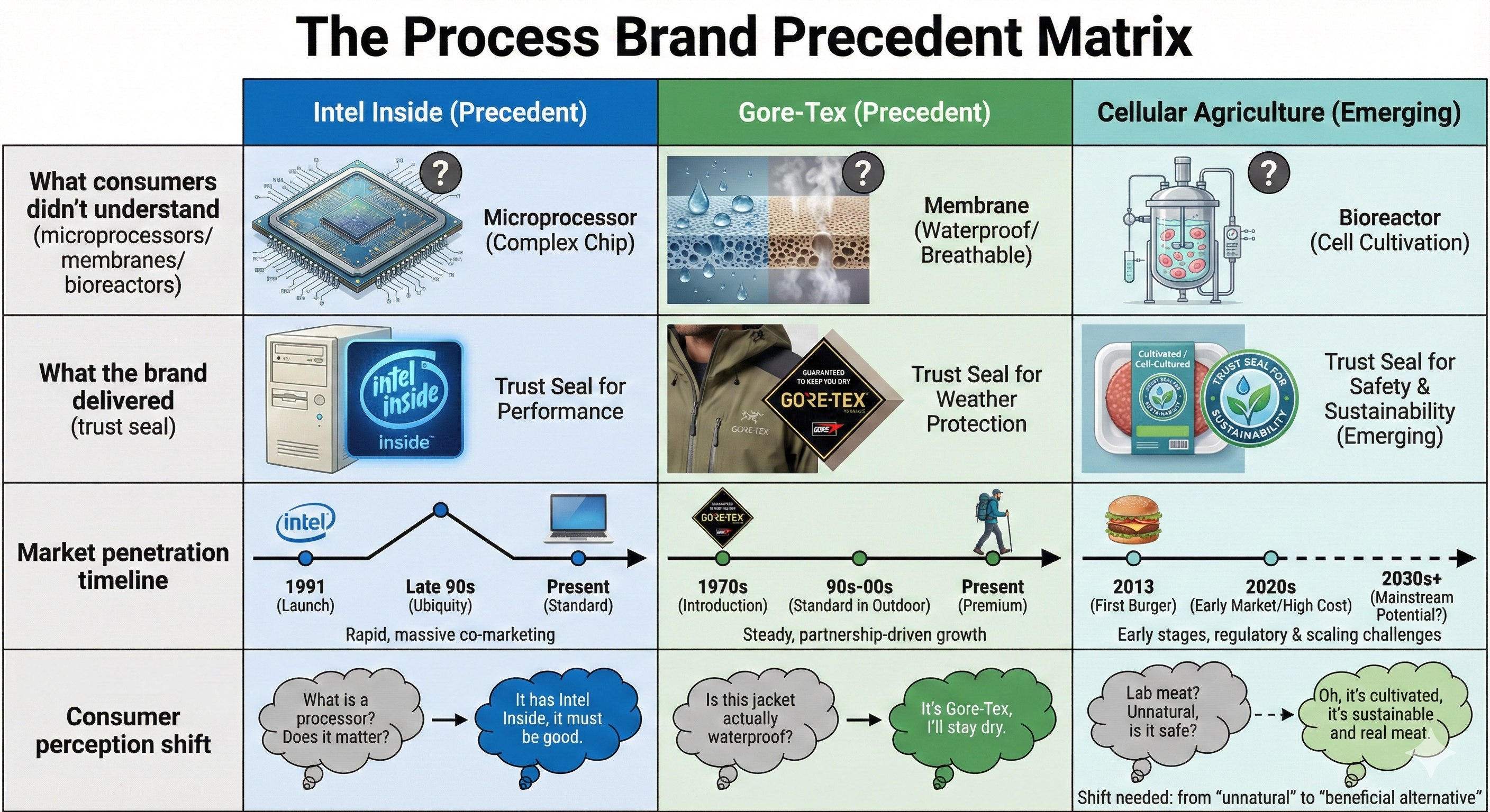 The Process Brand Precedent Matrix comparing Intel Inside, Gore-Tex, and Cellular Agriculture across consumer understanding, trust seals, market penetration, and perception shifts